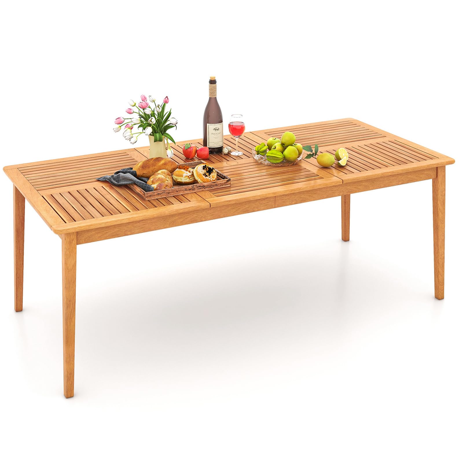 Tangkula Table à manger d'extérieur en bois d'acacia pour 8 personnes, table de bistrot rectangulaire de 79" x 35" avec trou de parasol de 1,96"